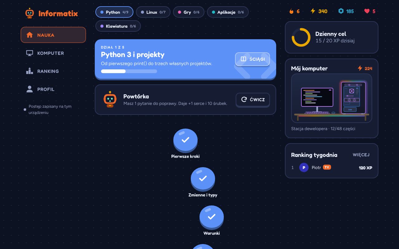 Ekran główny Informatix w trybie ciemnym